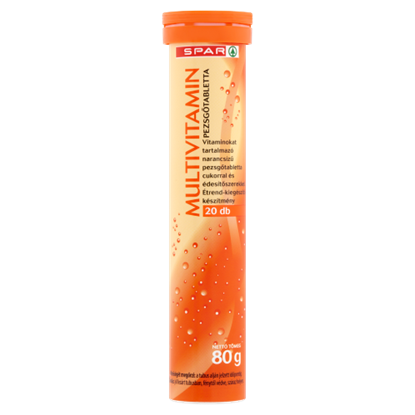 SPAR Multivitamin narancsízű étrend-kiegészítő pezsgőtabletta cukorral & édesítőszerekkel 20 db 80 g