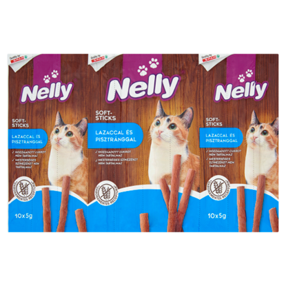 Nelly Soft-Sticks pálcika alakú jutalomfalat lazaccal és pisztránggal macskák számára 10 db 50 g