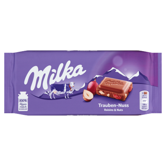Milka alpesi tejcsokoládé mazsolával és mogyoródarabokkal 100 g