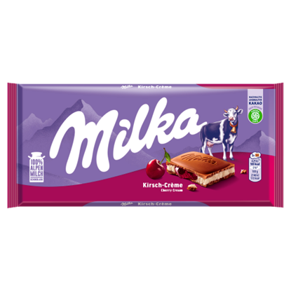 Milka alpesi tejcsokoládé meggy ízű tejes krémtöltelékkel és meggyes gyümölcskrémmel 100 g