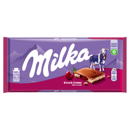 Milka alpesi tejcsokoládé meggy ízű tejes krémtöltelékkel és meggyes gyümölcskrémmel 100 g